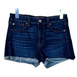 American Eagle AEO Jean Shorts Raw Frayed Hem 3” Inseam Stretch Dark Wash Size 2